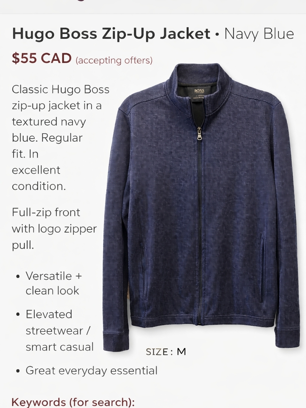 Hugo Boss Men's Navy Zip-Up Sweater Jacket